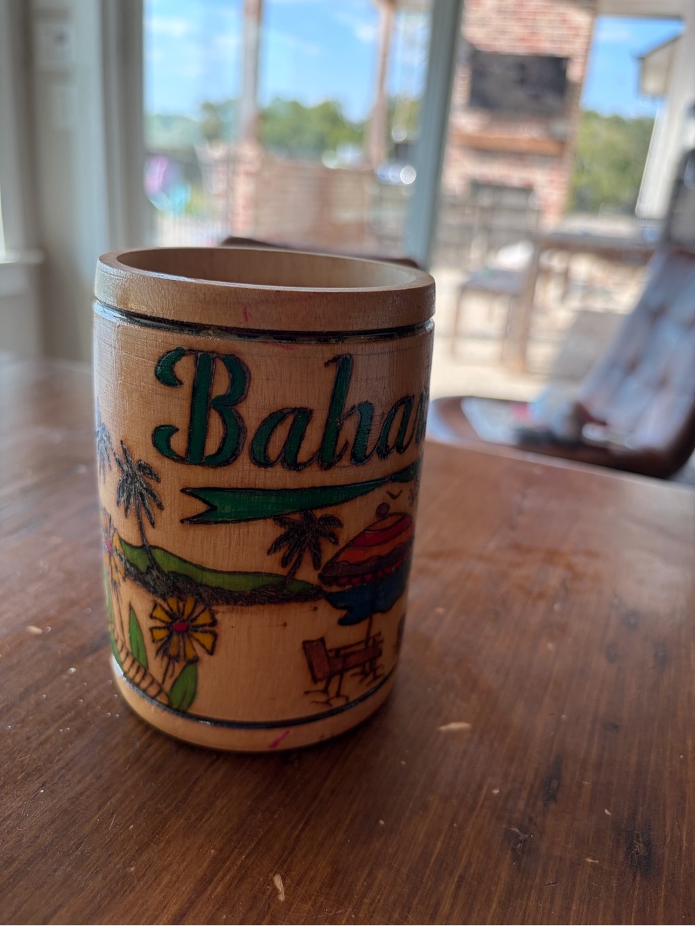 Vintage Bahamas Wooden Mug Hand Painted Tropical Palm Tree Souvenir Folk Art